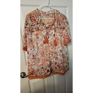 Miss Me Boho Orange Floral Smocked Peasant Blouse Size XL Lace Trim MT2410S